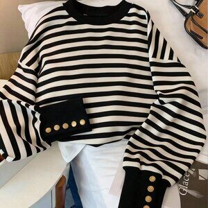 Black And White Casual Loose Fit Striped Women's Crew Neck Pullover Sweatshirt